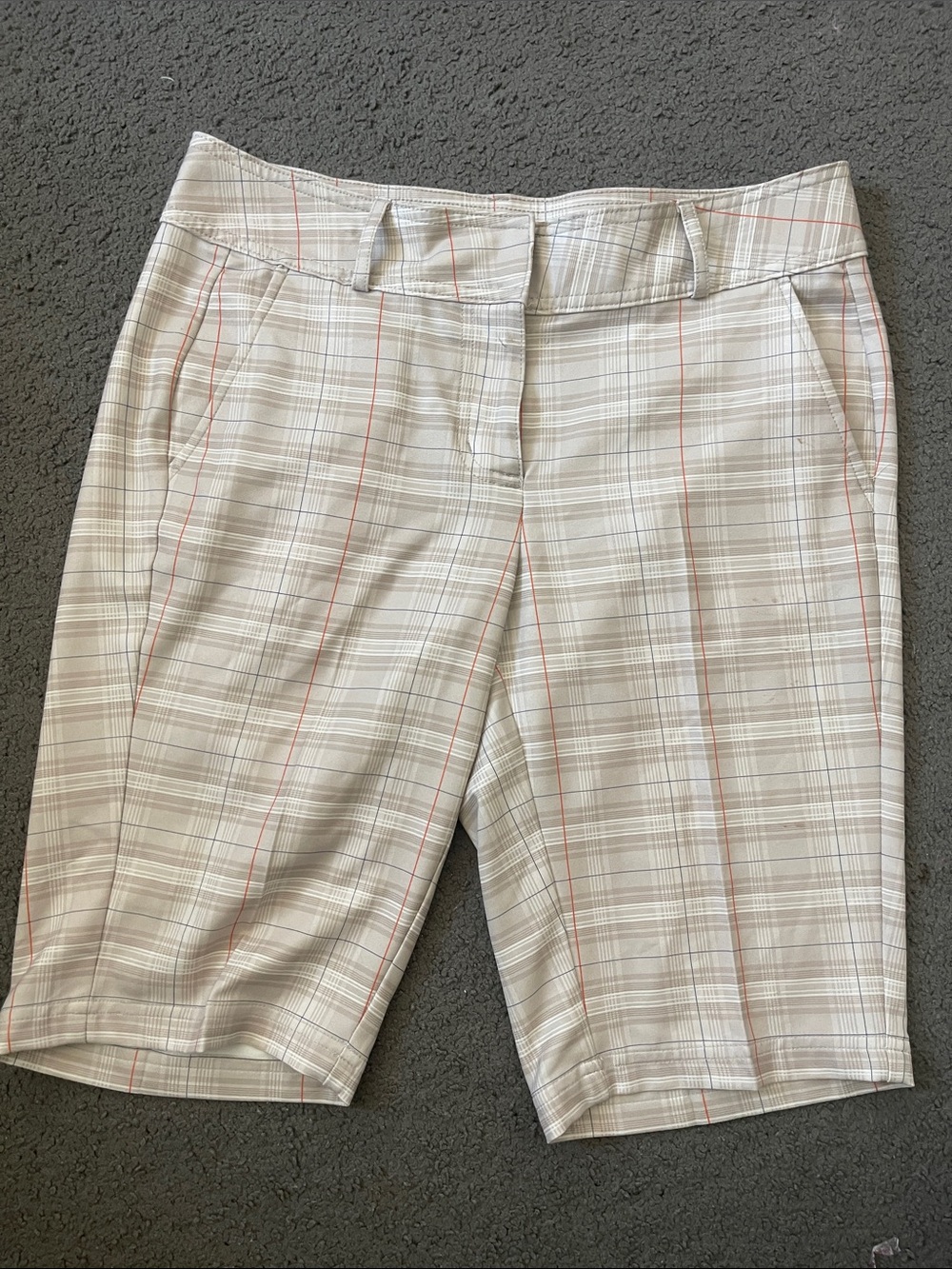 Cream Plaid Bermuda Shorts with Subtle Red Stripe